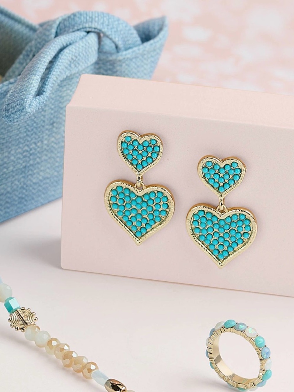 Park Lane Splash Turquoise Heart Drop Earrings with Gold Trim New in Box